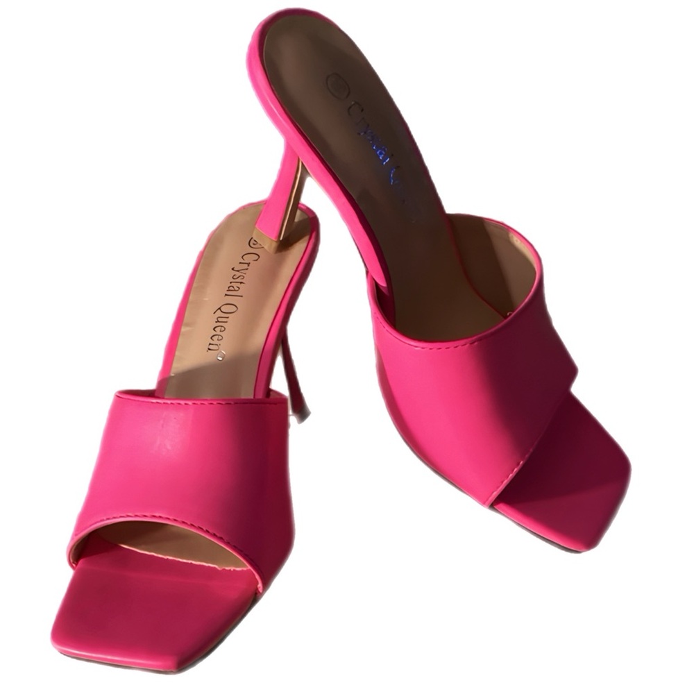 Women's Crystal Queen Square Open Toe Pink Heels  Square Toe Slip On Mule Sandal